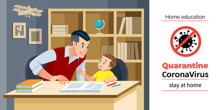 Coronavirus Covid-19, quarantine motivational poster. Father helping son doing homework during coronavirus self quarantine. Home education and stay home quote cartoon vector illustrationのイラスト素材