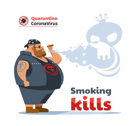 Poster dangers of smoking. Coronavirus. Biker man during COVID-19 pandemic coughing and smoking a cigarette at the street. Smoking causes lung cancer and other diseases. Cartoon vector illustration.のイラスト素材