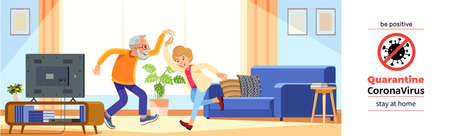 Beautiful senior couple dancing at home and smiling during a coronavirus crisis. The poster must be positive. Covid-19 or coronavirus. Quarantine. Stay at home. Cartoon vector illustrationのイラスト素材