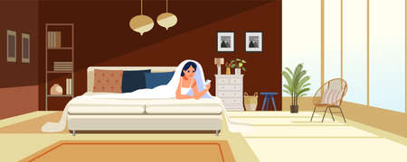 Young woman chatting with her phone on the sofa. I stay at home social media campaign for coronavirus prevention in the bedroom during coronavirus crisis. Stay at home. Cartoon vector illustrationのイラスト素材
