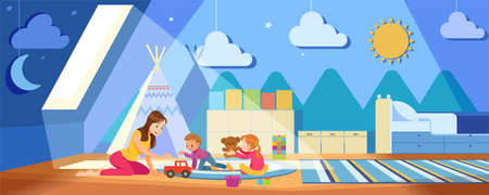 Childrens creativity. Mother And Children Playing With toys in the cozy playroom during coronavirus crisis. Concept motherhood child-rearing. Stay at home vector cartoon illustrationのイラスト素材