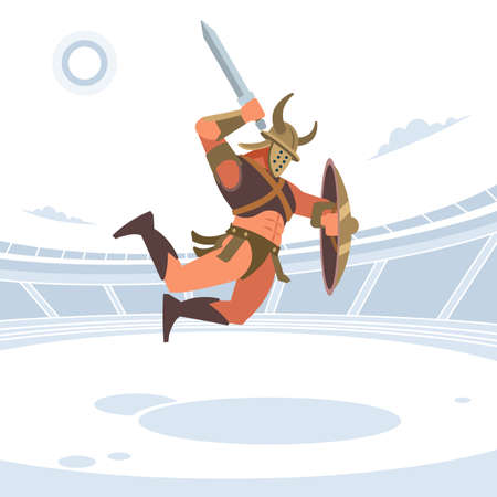 Spartan warriors fight in the arena of gladiators. Gladiator with a shield beats a sword on top. Vector isolated illustration. Flat styleのイラスト素材