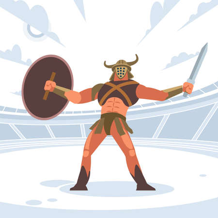 Gladiator in armor with shield. Vector isolated illustration. Flat cartoon styleのイラスト素材