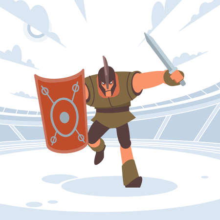 Achilles in battle runs to the enemy with a sword and shield. Vector isolated illustration. Flat cartoon styleのイラスト素材