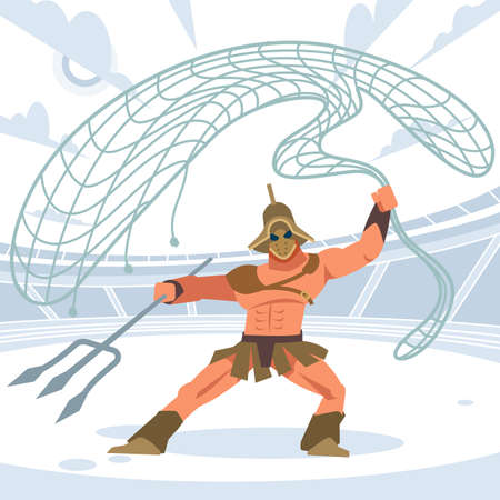 Gladiator warrior retiarius in the arena with a grid and a Trident. Front view. Vector isolated illustration. Flat cartoon styleのイラスト素材