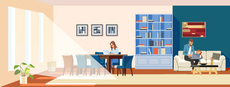 Work at home concept. Freelance female mother with a laptop sitting on a chair. A father and child watch a laptop in a cozy home interior. Cute illustration in a cartoon flat styleのイラスト素材
