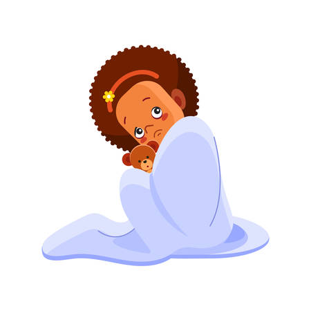 A little african american girl has flu. Sick child girl sitting in bed with toy bear and blowing her nose, feel so bad with fever. Cartoon vector illustrationのイラスト素材