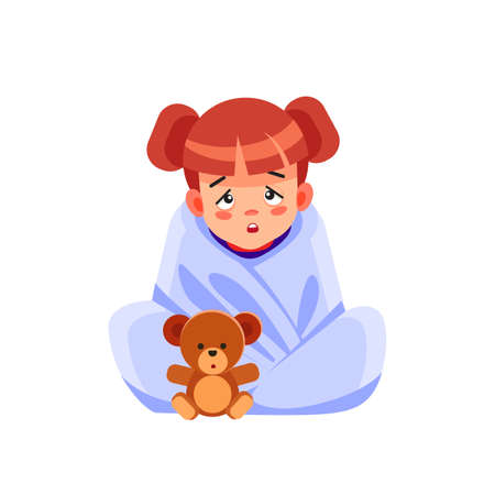 Sick child with seasonal infections, flu, allergy lying in bed. Sick girl covered with a blanket lying in bed with high fever and a flu, resting. Coronavirus. Quarantine. Cartoon vector illustration.のイラスト素材