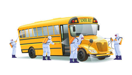 Coronavirus disinfection. Quarantine in school, empty yellow school bus without children. Hazmat team in protective suits decontamination school bus during virus outbreak. Cartoon vector illustrationのイラスト素材