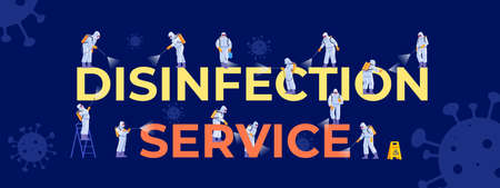 Coronavirus disinfection service. People in virus protective suits and mask disinfecting. Cleaning company staff different poses, for web page, social media, posters. Cartoon vector illustrationのイラスト素材