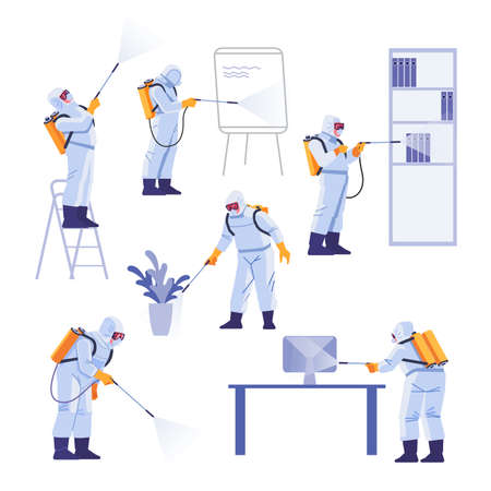 Professional contractors doing pest control at office. Coronavirus protection. Hazmat team in protective suits decontamination during virus outbreak. Cartoon vector illustrationのイラスト素材