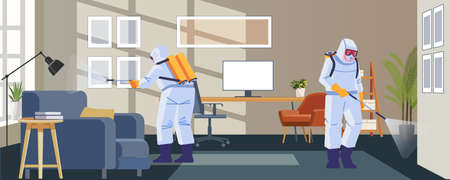 Home disinfection by commercial disinfecting services, surface treatment from pandemic coronavirus. Disinfectant workers wear protective mask and suit sprays covid-19. Vector illustrationのイラスト素材