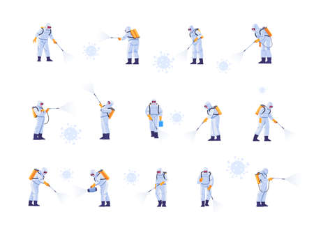 Disinfecting work teams wear protective masks and spacesuits against pandemic coronavirus or covid-19 sprays. Cartoon style vector illustration isolated on white background.のイラスト素材