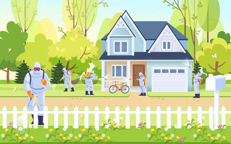 Coronavirus disinfection. Disinfectant workers to sterilize the coronavirus from the street, road and house. People in virus protective suits and mask disinfecting. Cartoon vector illustrationのイラスト素材