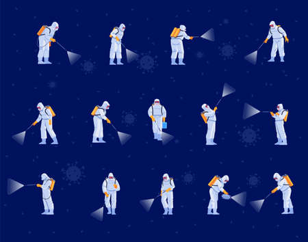 Disinfecting workers wear protective masks and spacesuits against pandemic coronavirus or covid-19 sprays. Cartoon, flat style vector illustrationのイラスト素材