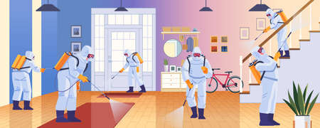 Home disinfection by cleaning service. Prevention controlling epidemic of coronavirus covid-2019. Worker in chemical protection disinfects the house. Cartoon style vector illustration designのイラスト素材