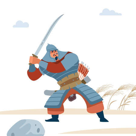 Portrait of dangerous, nomad mongol man in steppe holding sword attacking. Central Asian warrior, attack in battle. Isolated vector illustration in flat cartoon style.のイラスト素材