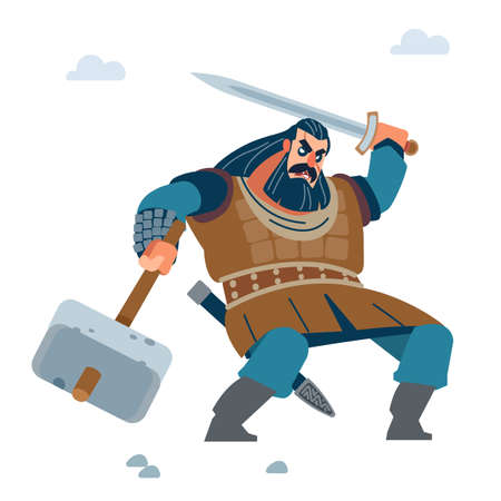 Warrior from Scandinavian. Viking attack. Vector flat cartoon illustration.のイラスト素材