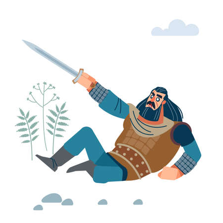 Angry medieval warrior with long medium dark hair, with sword defending against enemy. Flat, cartoon vector isolated illustration.のイラスト素材
