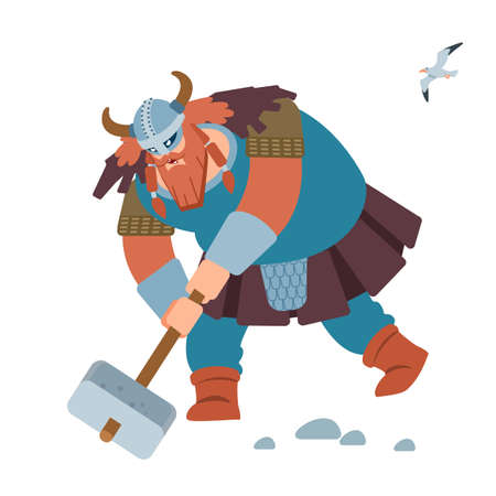 Viking. Crazy strong viking with traditional costume attacking. Isolated on white background. Vector flat illustrationのイラスト素材