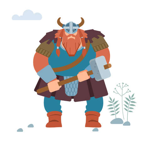 Viking. Warrior northerner. Medieval Viking armored attack with a battle-ax. Vector Isolated on white background. Flat style.のイラスト素材