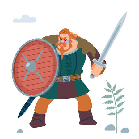 Viking Warrior, northerner Defensive Attack from the living dead. Isolated on white background. Vector flat illustration.のイラスト素材