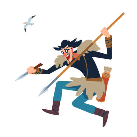 Viking. Mad wiry long Viking warrior with spear and dagger attacks from above. Design concept with flat human character. Cartoon vector illustrationのイラスト素材