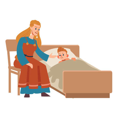 The mother tells his son bedtime stories. Viking family. Vector Isolated on white background. Flat styleのイラスト素材