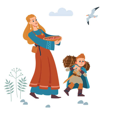 Medieval Viking family. Mother and son are engaged in agriculture. Mother gathered berries, and son bears fuel-wood. Vector isolated illustration. Flat style.のイラスト素材