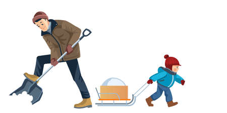 Father and son work together. Dad and boy cleans snow in the yard. Outdoor activity. Happy family. Concept Fatherhood child-rearing. Cartoon flat isolated vector illustrationのイラスト素材