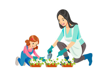 Mother and daughter, gardening together planting flowers in the garden. Concept motherhood child-rearing. Mothers day holiday concept. Cartoon flat isolated vector designのイラスト素材