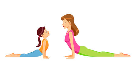 Mother and daughter, woman and girl child doing yoga exercises, isolated vector illustration sport scene. Healthy Lifestyle Concept. Mothers day. Isolated vector illustration in cartoon style.のイラスト素材