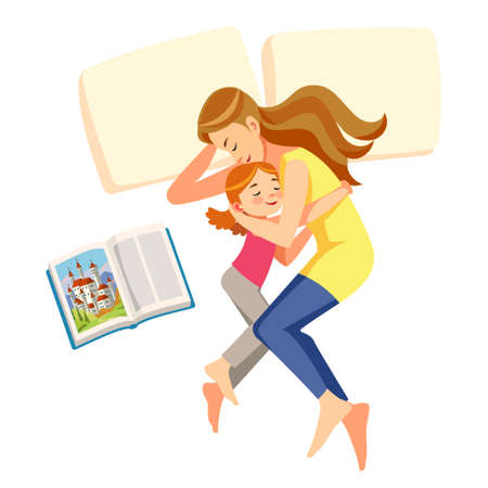 I love mom. Mother put her daughter to sleep. Concept care. Motherhood child-rearing. Mothers day holiday. Isolated vector illustration in cartoon style.のイラスト素材