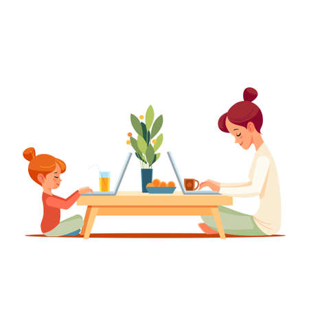 Working mother works from home office with kid. Freelancer workplace with laptop and the Internet. People at home work and child education in quarantine pandemic. Cartoon vector illustrationのイラスト素材