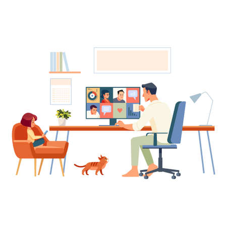 Working at home. Father and school-girl working from home, using internet and e-learning. Businessman with group of colleagues in video conference in quarantine pandemic. Cartoon vector illustrationのイラスト素材