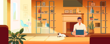 Freelancer working at home with laptop computer in sunny cozy home interior. Working enjoying time at home in quarantine coronavirus pandemic. Cartoon style Vector Illustrationのイラスト素材
