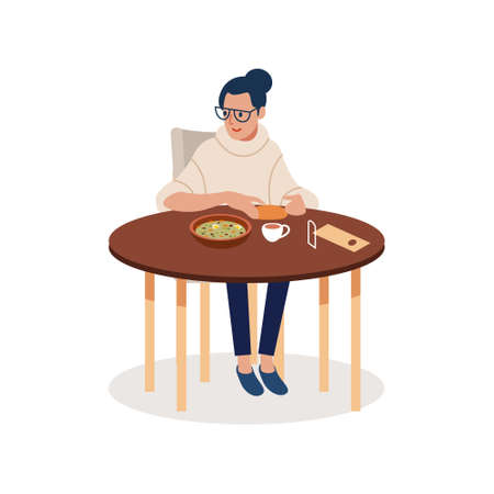 Cheerful young woman sitting in cafe. Vector flat cartoon illustration.のイラスト素材