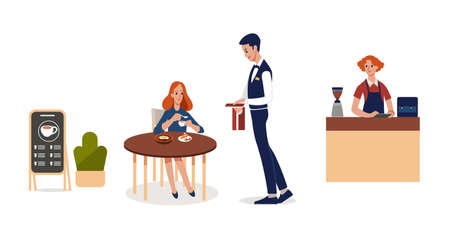 A woman Visits a Cafe, Making an Order to a waiter in a street cafe. Flat vector illustration isolated on white backgroundのイラスト素材