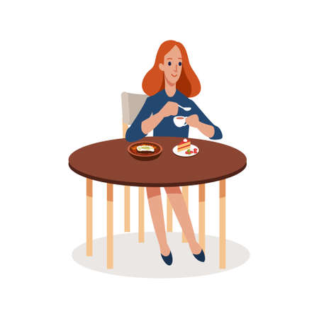 Full length profile shot of a woman drinking coffee at a table isolated on white background. Woman Visiting Cafe Making Order. Flat vector illustrationのイラスト素材