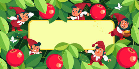Frame magic garden with fruits and gnomes by there is copy space for adding text. Colorful frame. Background concept. Vector illustration.のイラスト素材