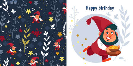 Happy birthday. Greeting card for a birthday. A cute, smiling dwarf character vector illustrationのイラスト素材