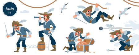 Pirate. Pirate character in different situations. Vector illustration.のイラスト素材