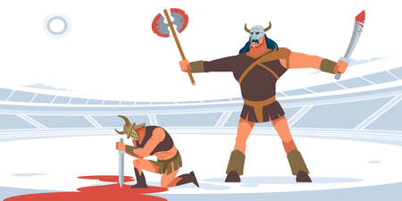 Gladiators fighting in the arena of the Colosseum. A muscular barbarian with a sword and an axe before executing a defeated Gladiator. Vector Flat cartoon style illustration.のイラスト素材