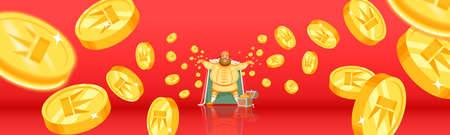 Fortune, luck, bingo Falling coins, falling money, flying gold coins, golden rain. Jackpot or success concept. King with a big smile throws gold, treasures. The concept of wealth. Vector illustrationのイラスト素材