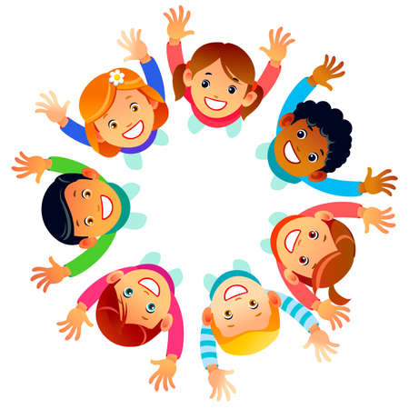 Multicultural Kids in a circle in the flowers with happy faces shoot from above lifting hands above. Happy Friendship Day greeting card illustration. Cartoon vector illustration isolated backgroundのイラスト素材