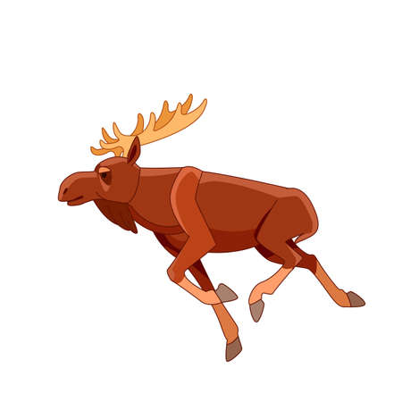 Running moose on a white isolated background. Horned Brown Elk as Herbivore Forest Animal Flat style vector Illustrationのイラスト素材