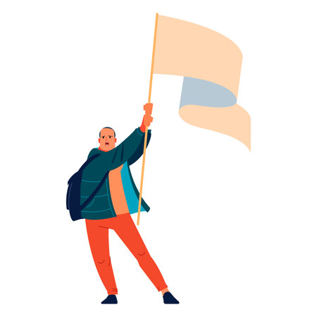 Leader activist man with a flag shouts in protest for human rights. Peaceful rights protest. Parade, picket and strike. Cartoon character flat style vector illustration isolated on white backgroundのイラスト素材