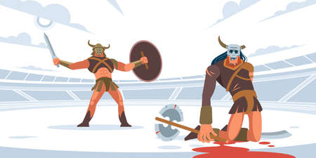 Gladiator defeated the legendary giant fighter. Vector isolated illustration. Flat cartoon styleのイラスト素材