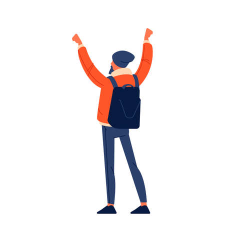 A man in a jacket with raised fists and a backpack shouts in protest for human rights in the open air. Strike against violence. Flat design character colorful illustration isolated on whiteのイラスト素材
