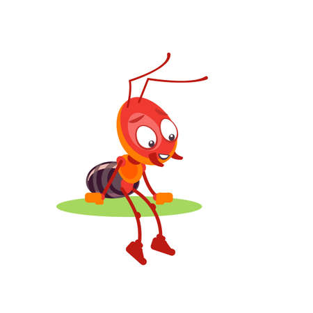 Ant cartoon style illustration isolated on white background. A happy, cheerful insect sits on a leaf and rests after a hard days workのイラスト素材